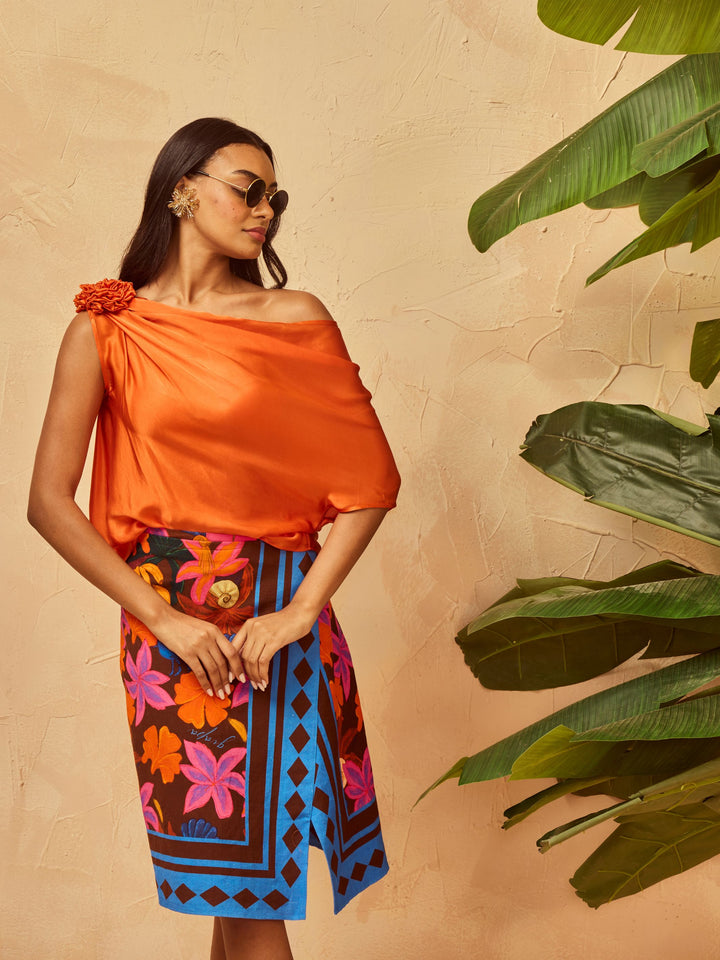 TANGERINE FLOWER SILK TOP