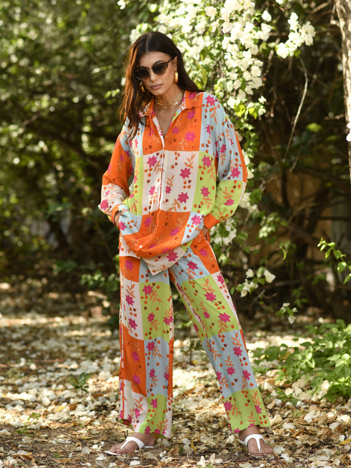 Azlea Patchwork Beach Button Down & Palazzo Set